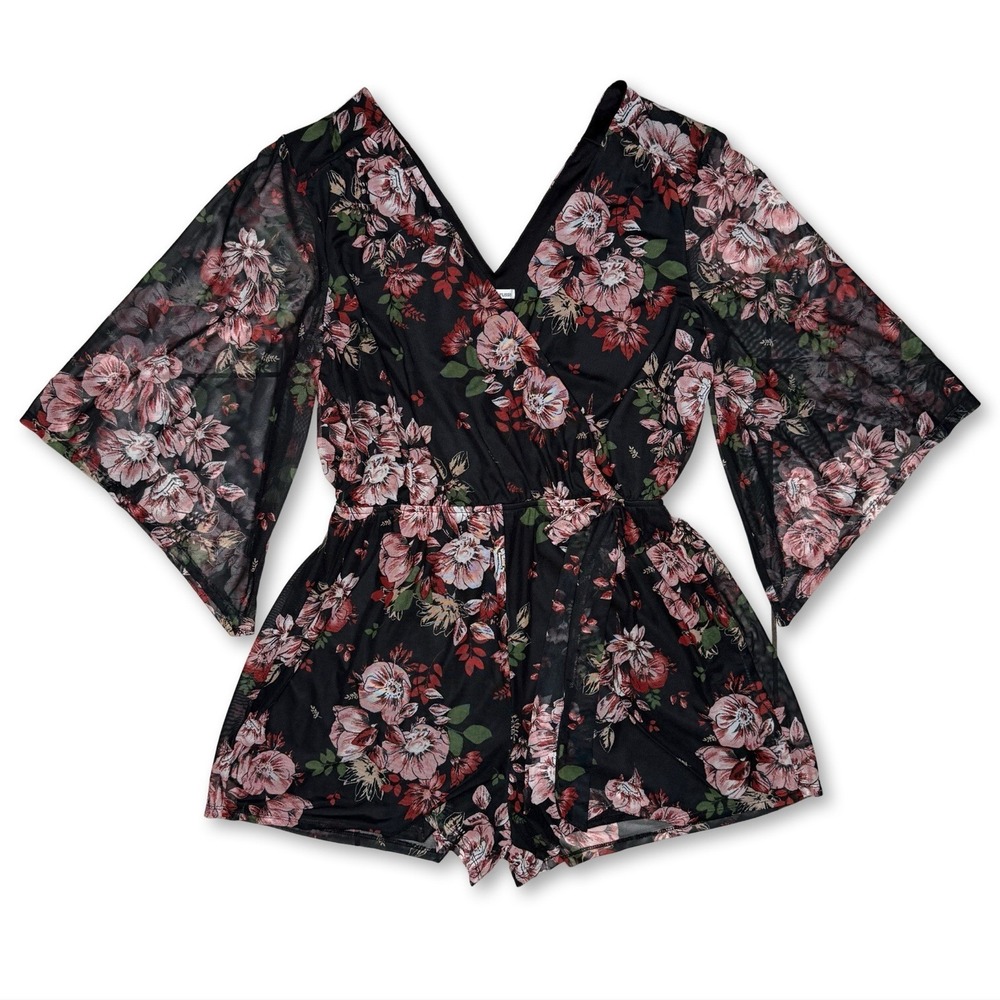 Y2K Charlotte Russe Large Romper Floral‎ Sheer Overlay 3/4 Bell Sleeve Shorts